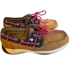 Sperry Top Sider Girls Boat Shoe Tan, Navy with Pink Laces Girls Size 2.5 💙🩷